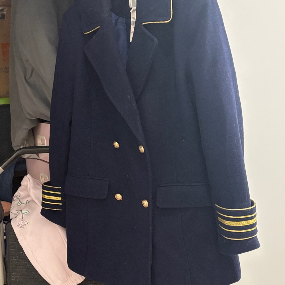 Anthropologie Navy Pea Coat with Gold Accents